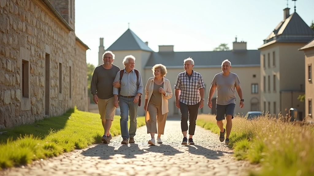 Seniori staigā pa cietokšņa vaļņiem saulainā dienā