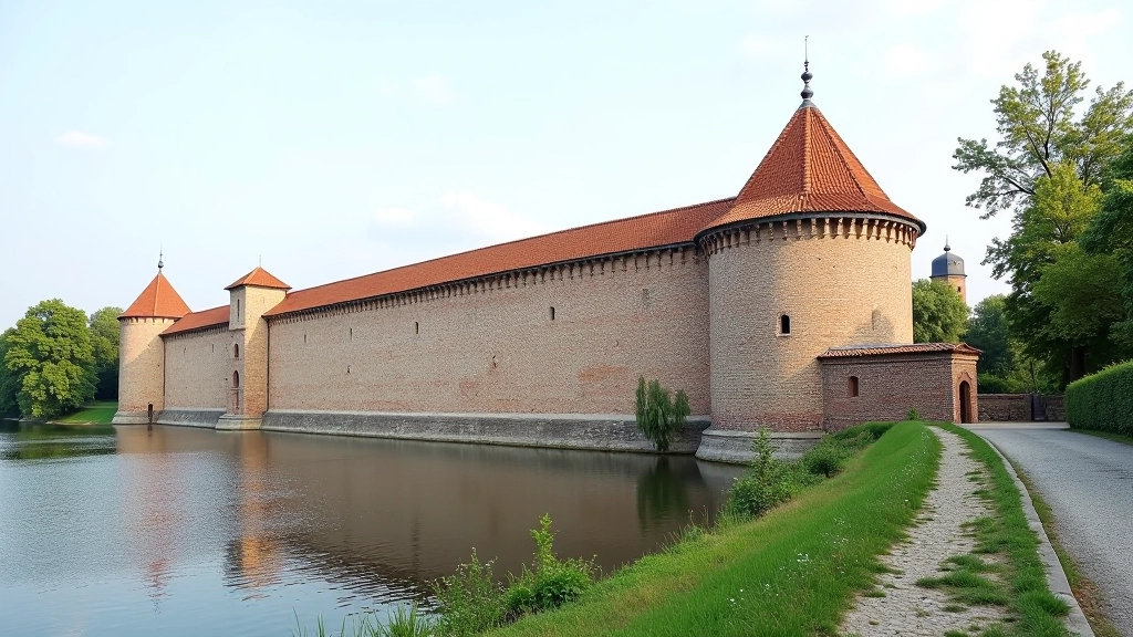 Vēsturiskais Daugavpils cietokšņa skaņojums redzams no upes krasta ar rūpīgi uzturētiem vaļņiem