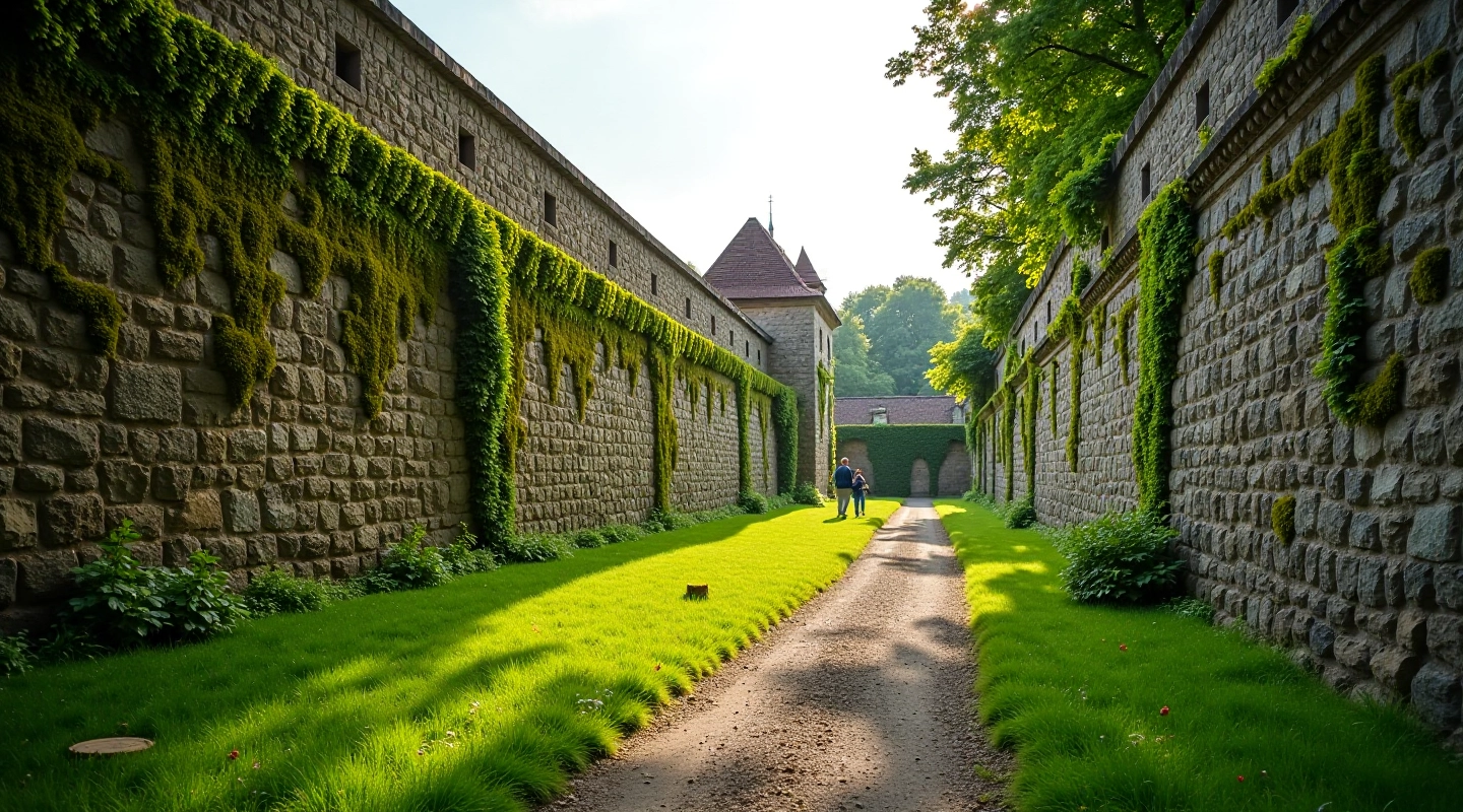 Cietokšņa vaļņi ar zaļiem kokiem un senu akmens sienu