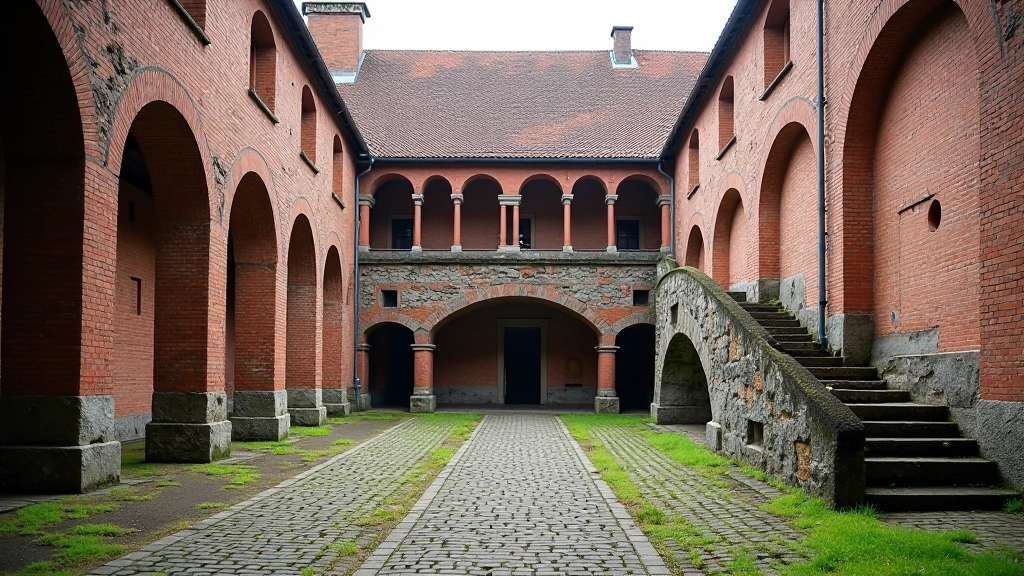 Cietokšņa iekšējā greja ar rūpniecisku skārumu, iegultie tilti un akmens platformas