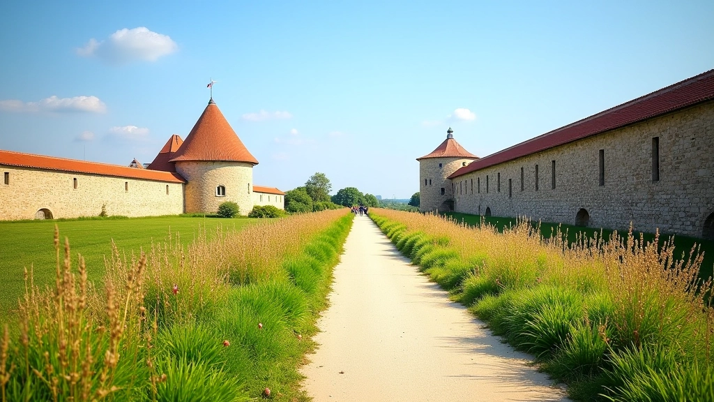 Cietokšņa vaļņu ceļš ar ziedu dobes vasarā